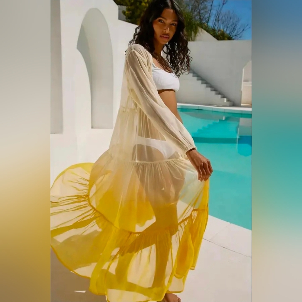Anthropologie Womens Kimono Duster Cover Up Tiered Sheer Ombre Yellow NIP$200